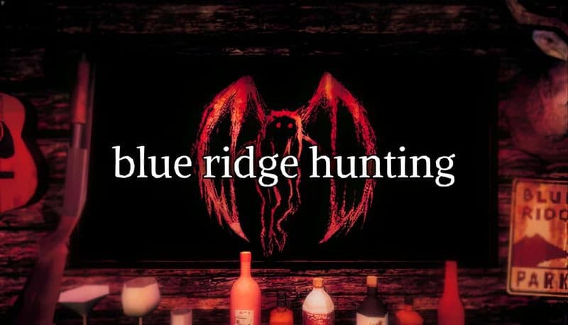 Blue Ridge Hunting: Red-winged monster with glowing eyes painted on a dark wall, creating an eerie vibe in a rustic room.