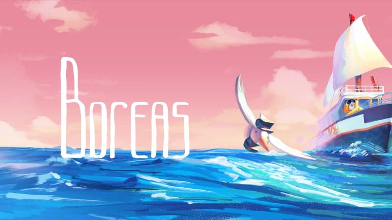 Sailboat navigates vibrant blue waves beneath a pink sky, with seagull in hat and pouch soaring nearby.