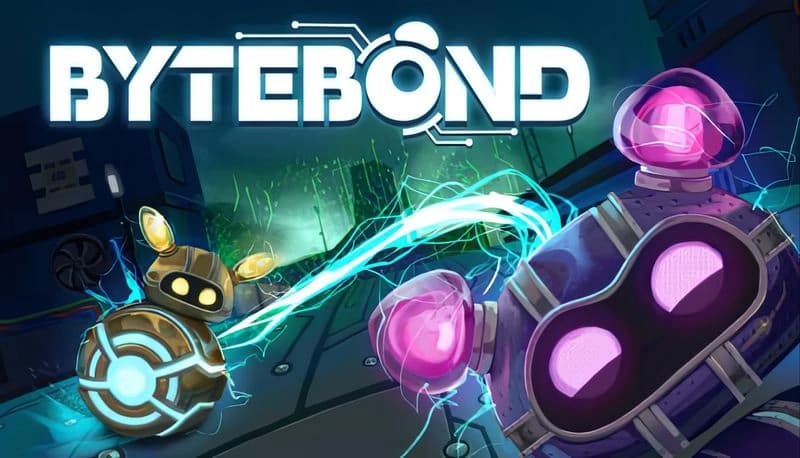 Bytebond: Yellow and purple-pink robot duo exchange electric blasts on a circuit board with a digital cityscape backdrop.