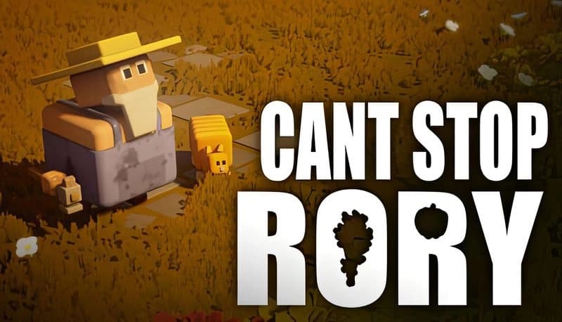 Can't Stop Rory: Blocky farmer and cat sit in a golden field, surrounded by scattered flowers under a warm, sunny sky.