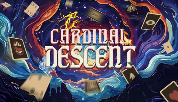 Cardinal Descent: Cosmic vortex with swirling playing cards amid vibrant colors, featuring eyes, hearts, and a open mouth.