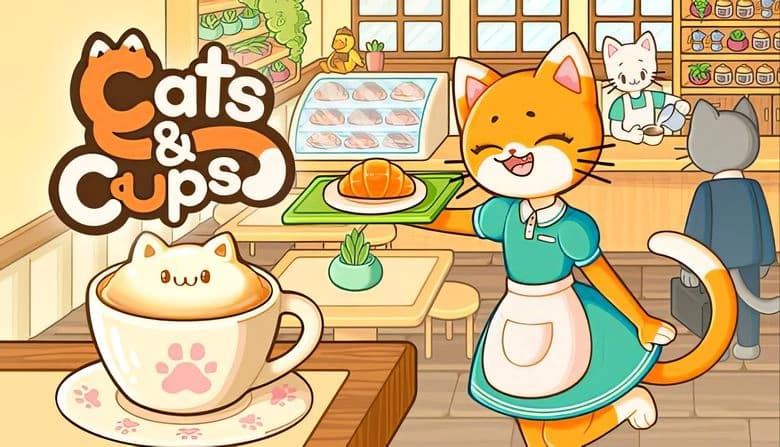 Cats & Cups: Cat waitress serves Croissant in cozy cafe with cat-shaped latte, surrounded by feline patrons and pastries.