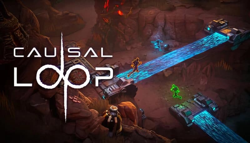 Causal Loop Demo: Four holographic figures navigate glowing bridges in a rocky, futuristic canyon with advanced machinery.