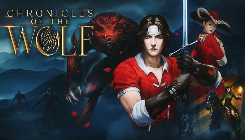 A young man in red stands poised with a sword. Flanked by a fierce werewolf with glowing eyes and a woman in elegant attire.