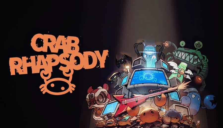Crab Rhapsody: angry crab in a battle mech fights a grinning robot crocodile and crabs in a dark cave.