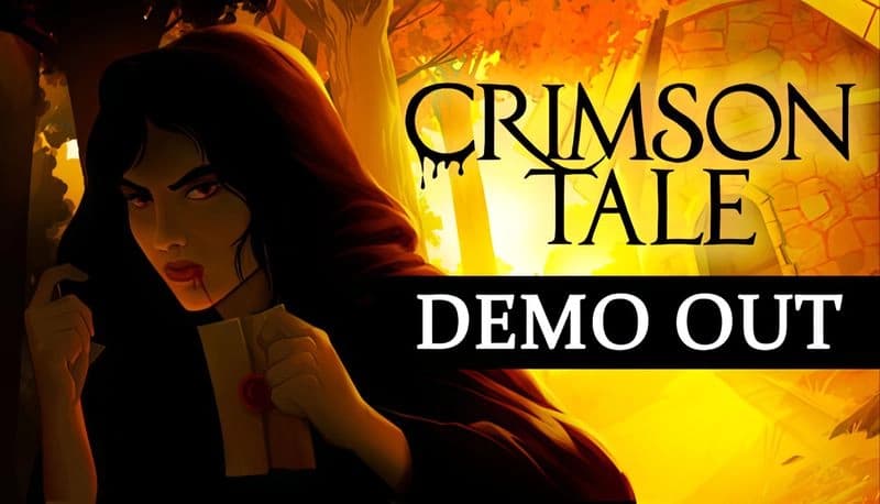 Crimson Tale: Woman in dark cloak holds sealed parchment in sunlit forest with autumn leaves and large stone structure.