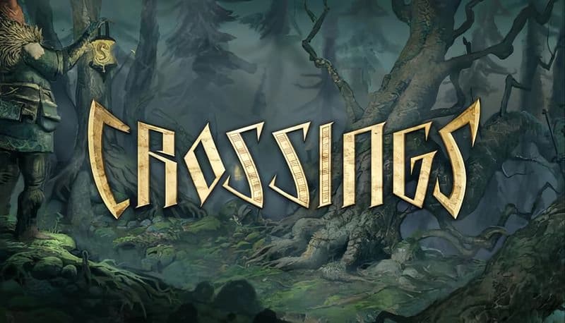 Crossings: Forest with twisted trees; figure holding lantern stands left, dressed in fur-lined cloak, hinting Norse theme.