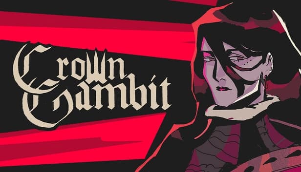 A dark-haired woman with an intense expression stands before bold red and black stripes, conveying tension.
