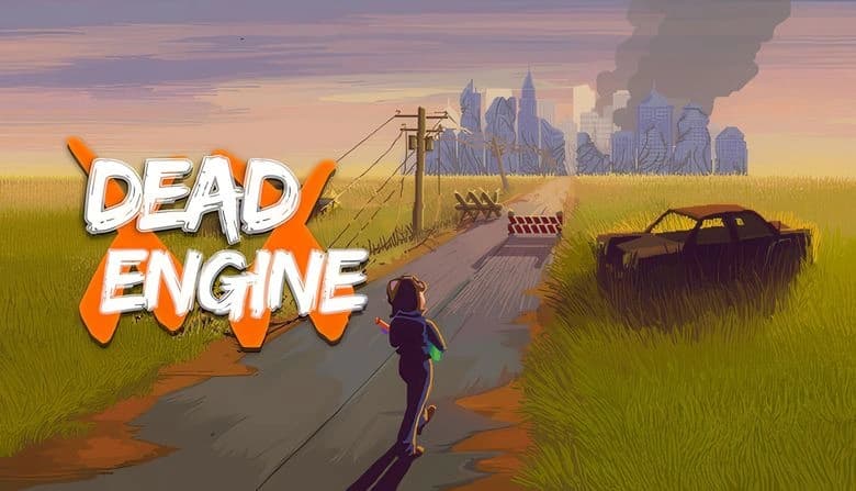 Dead Engine: Young girl walks on a deserted road toward a smoking city skyline, past an abandoned car and power lines.