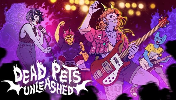Four band members perform energetically on stage; a young demon woman plays bass guitar, another woman sings.