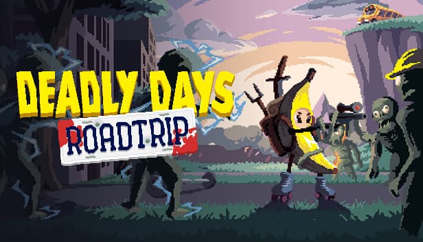 Deadly Days: Banana-headed figure with a backpack battles zombies in a pixel art world with a cliffside bus looming overhead.