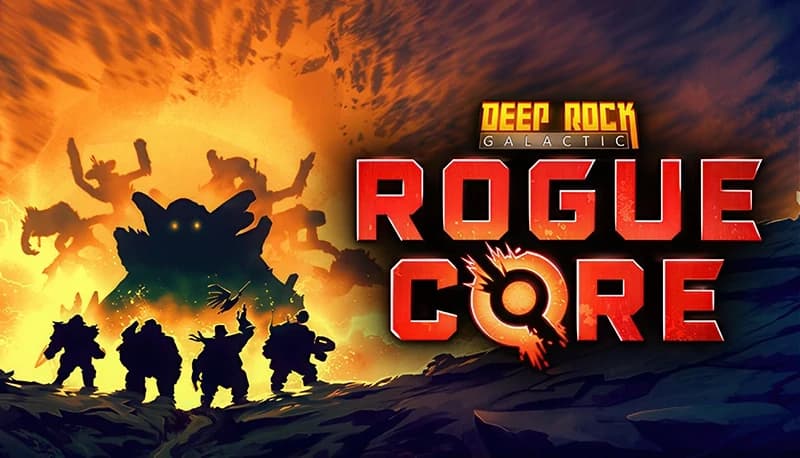 Four silhouetted dwarves with weapons advance toward a massive alien creature in a fiery cave, explosion illuminating scene.
