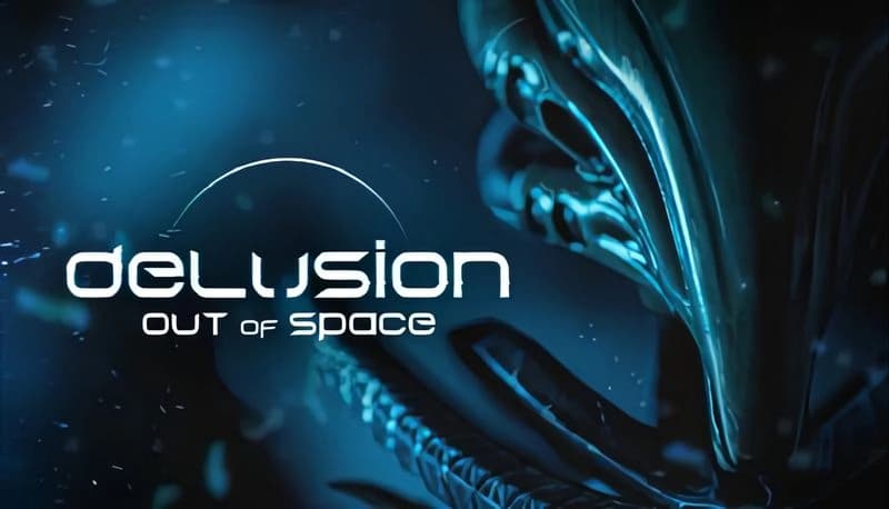 Delusion Out of Space: Alien creature with sharp teeth emerges from darkness, glowing blue eyes in shadowy sci-fi setting.