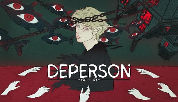 Young man with blond hair in a surreal red scene, surrounded by disembodied hands and eye-fish.