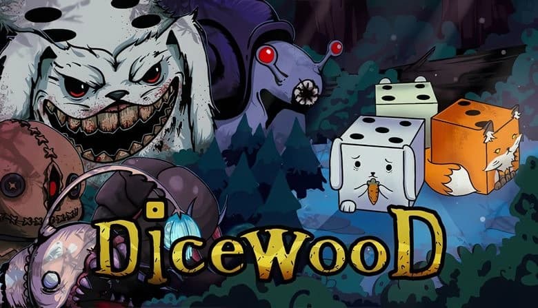 Menacing rabbit-shaped dice with sharp teeth, surrounded by monstrous creatures, looms over fearful anthropomorphic dice.