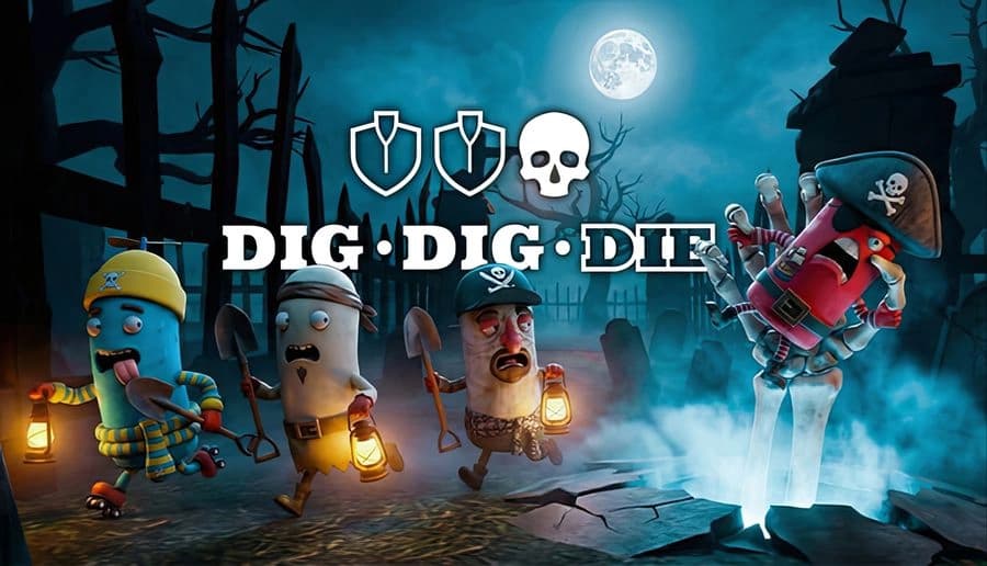 Dig, Dig, Die: Cartoon creatures with hats holding shovels run through a spooky graveyard, chased by a pirate ghost.