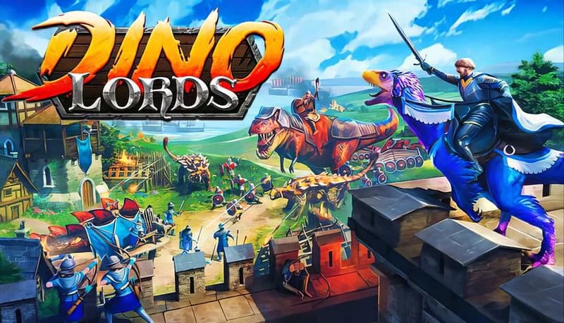 Dinolords: Knight on raptor and warriors defend castle from attacking dinosaurs in vibrant medieval landscape.