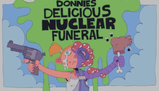 Donnie's Delicious Nuclear Funeral: Young girl with tentacle arm holds revolver, surrounded by green ooze in cartoon setting.