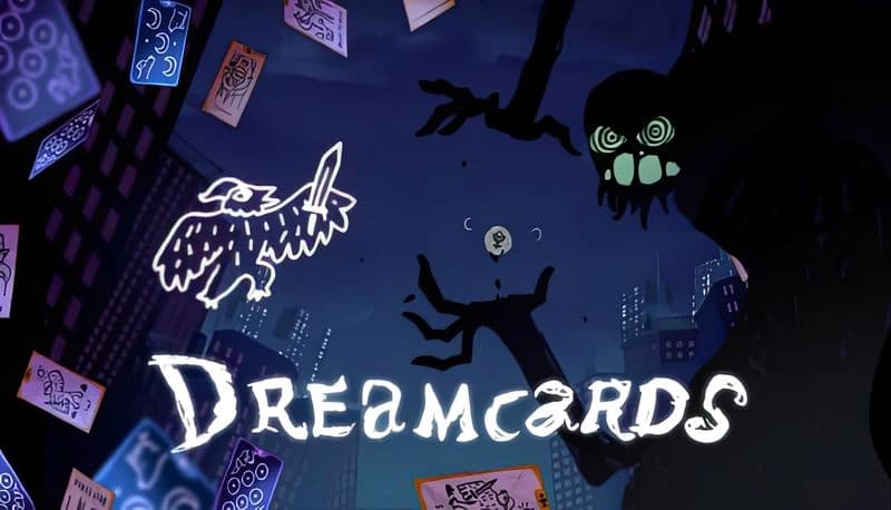 Dreamcards: Giant shadow creature with glowing eyes reaches for symbol amid floating cards in a dark urban landscape.