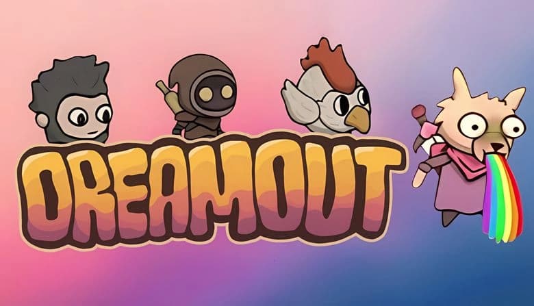 A cartoon alpaca in a pink outfit vomits a rainbow. Nearby are a ninja, a bird, and a caveman, all on a gradient background.