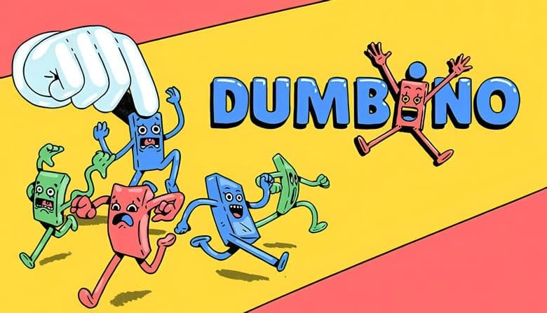 Colorful domino characters with expressive faces run away from a large white-gloved hand on a vibrant split background.