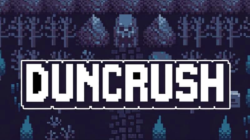 Duncrush: Pixelated forest setting with leafless trees and bushes, central skull dungeon entrance amid dark terrain.