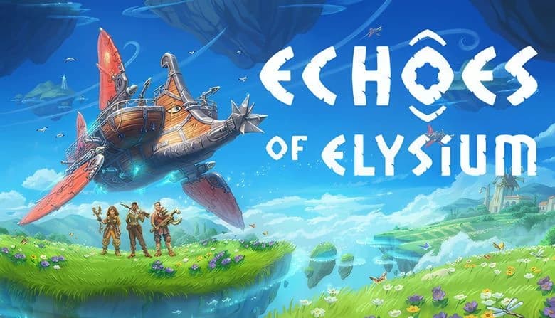 Three adventurers stand on a grassy floating island beneath a large, ornate airship with bright red sails in a clear sky.