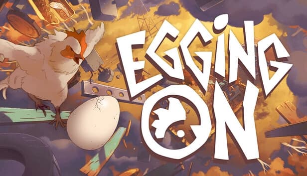 A hen and cracked egg navigate a chaotic environment with debris, beams, and tools in midair.