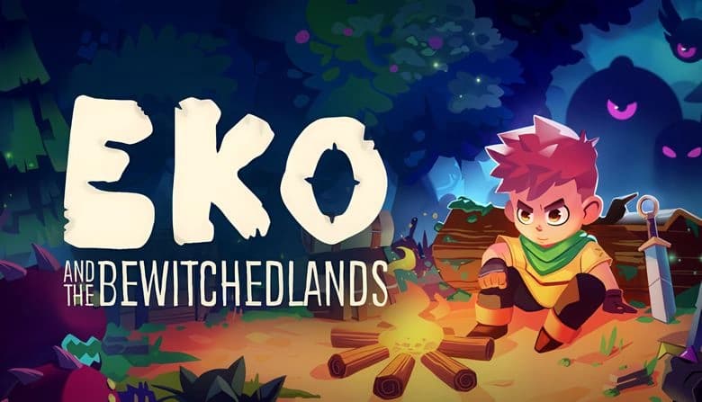 Young boy with spiky red hair sits beside sword near a glowing campfire, surrounded by a dense forest and mysterious shadows.