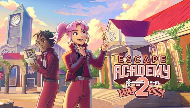 Escape Academy 2: Young woman holds a key, smiling; young man studies a map, standing in a courtyard with a clock tower.