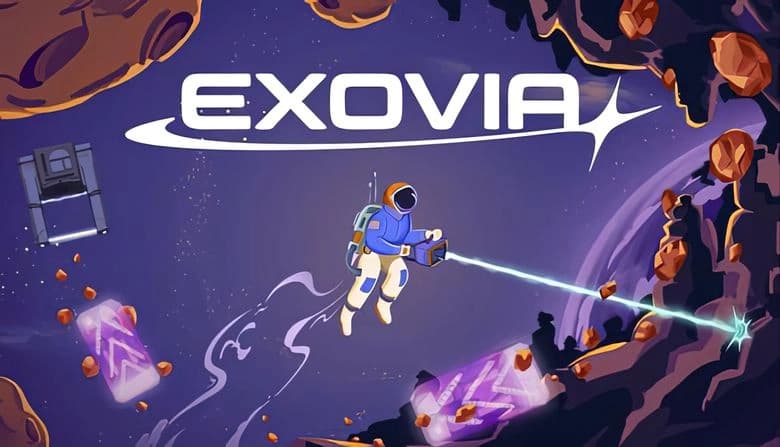 Exovia: Astronaut mining asteroids with laser in space, surrounded by floating minerals and futuristic machinery.