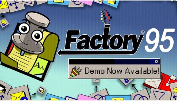 Factory 95: Cartoon robot with goggles holds notepad against a backdrop of colorful envelopes and geometric shapes.