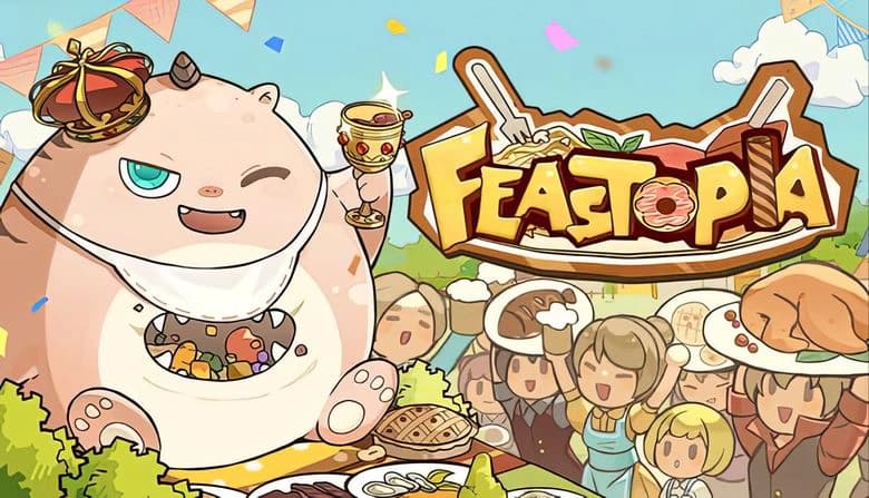 Feastopia: Giant crowned unicorn cat feasts joyfully with crowd in festive outdoor setting, clear sky, and confetti.