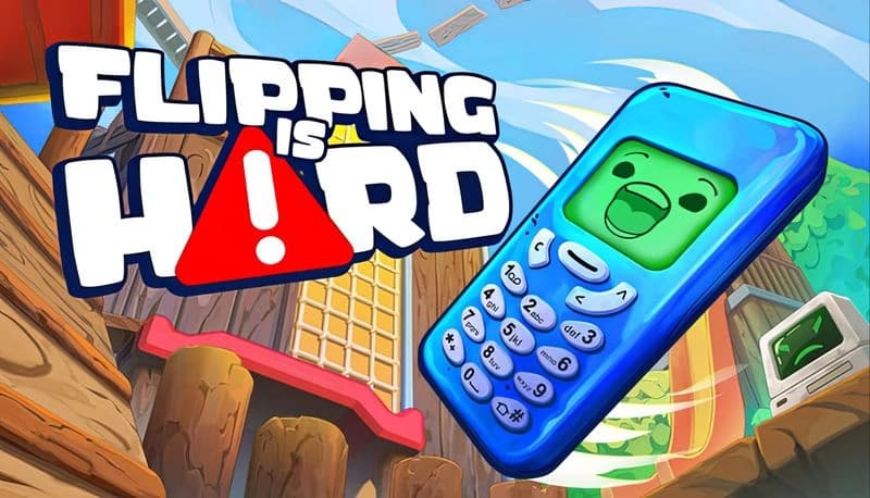 Flipping is Hard: Cartoon cellphone with face flies energetically over colorful obstacles and buildings under a blue sky.