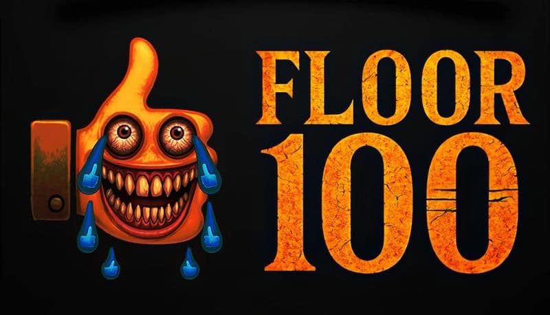 FLOOR 100: Grinning orange face with large eyes and thumbs up sheds tears, on a dark background.