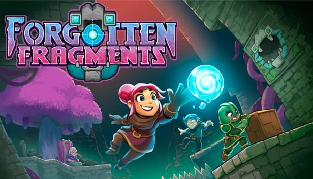 Red-haired woman leaping towards a glowing orb with two companions in a dungeon setting with traps.