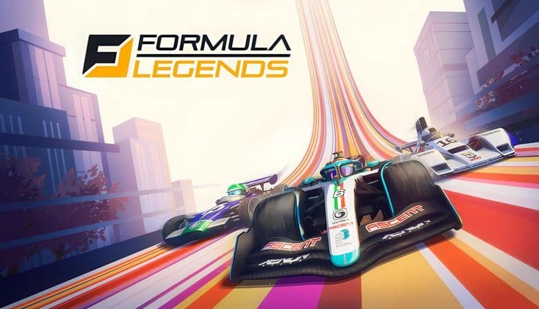 Three futuristic race cars speed on colorful tracks stretching through a stylized urban landscape with skyscrapers.