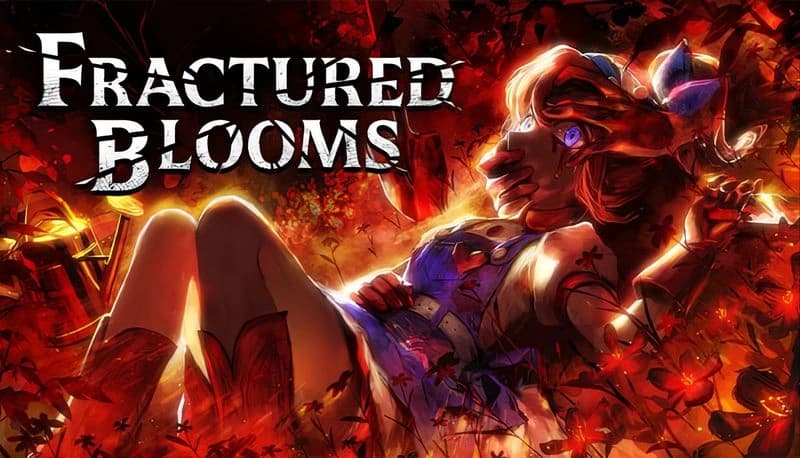 Fractured Blooms: Young woman in distress, surrounded by fiery red and orange leaves, lies against a dark, chaotic background.