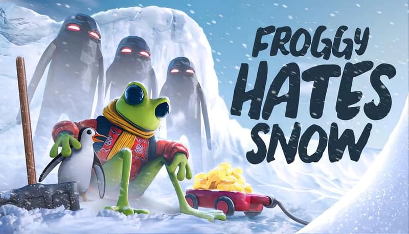 FROGGY HATES SNOW: Frog in scarf holds penguin, stands by sled with gold, facing shadowy figures in snowy landscape.