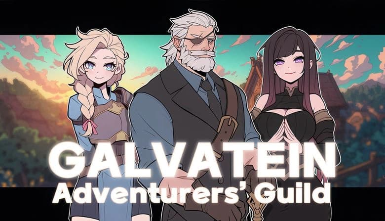 Galvatein: Trio of adventurers, young woman, older man with eyepatch, woman in fantasy attire, village backdrop at sunset.