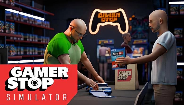 Gamer Stop Simulator: Two men at counter, one packing games, video game store backdrop, neon controller sign overhead.