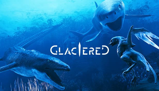 Glaciered: Mosasaur, shark, and feathered dinosaur swim in a prehistoric underwater setting with vibrant blue hues.
