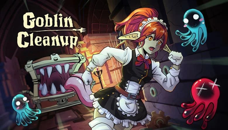 Goblin Cleanup: Female goblin maid flees mimic chest, joined by colorful octopus spirits in dim stone-walled dungeon.