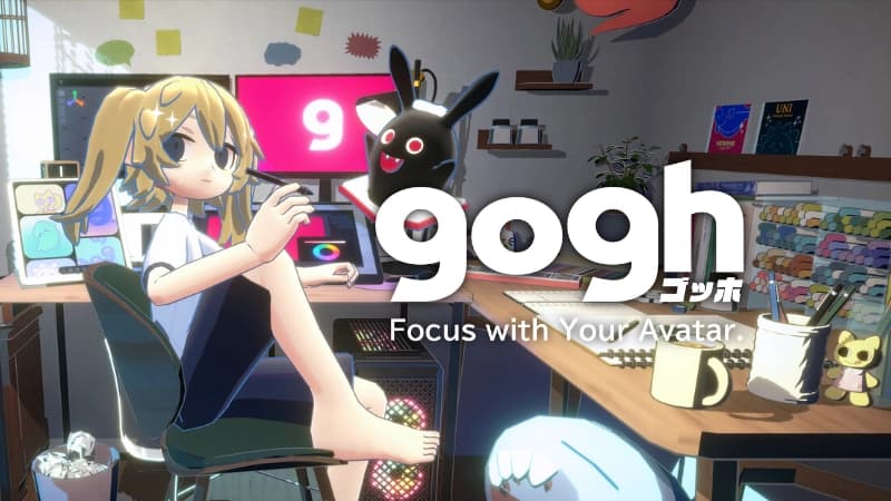 Young girl with blonde pigtails sits relaxed in a room filled with colorful art supplies and toys.