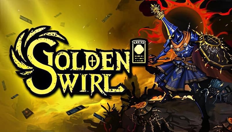 Golden Swirl: Armored knight raises fiery sword amid dark skeletal foes, with swirling golden backdrop and eclipsed sun.