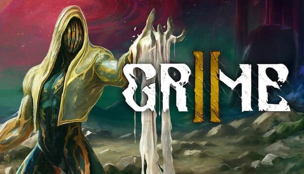 GRIME II: Hooded figure with melting arm reaches toward viewer, cosmic landscape behind with rocky terrain and colorful sky.