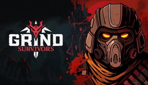 Grind Survivors: Masked warrior with glowing eyes in dark, fiery setting with shadowy figures and ominous fortress.
