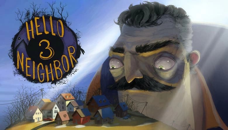 Older man with large eyes and a bushy mustache looms over a small town of colorful houses. Leafless trees surround them.