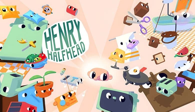 Henry Halfhead: Anthropomorphic objects with eyes in colorful room, including scissors, kettle, and Henry's half head.