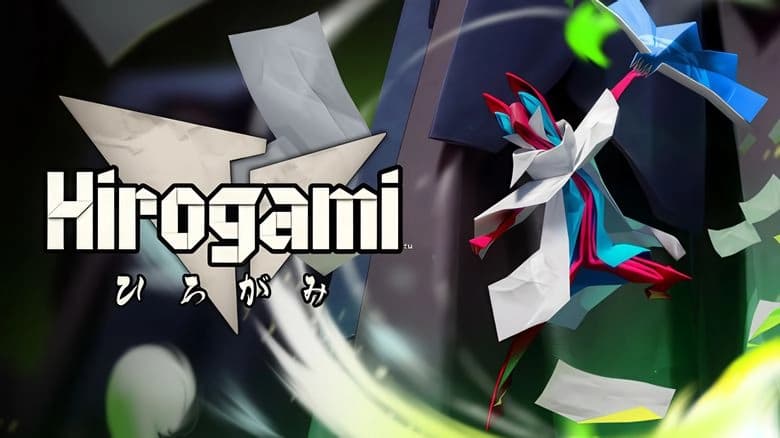 A human figure crafted from origami leaps energetically, wielding a fan amid swirling green and blue energy, papers flying.